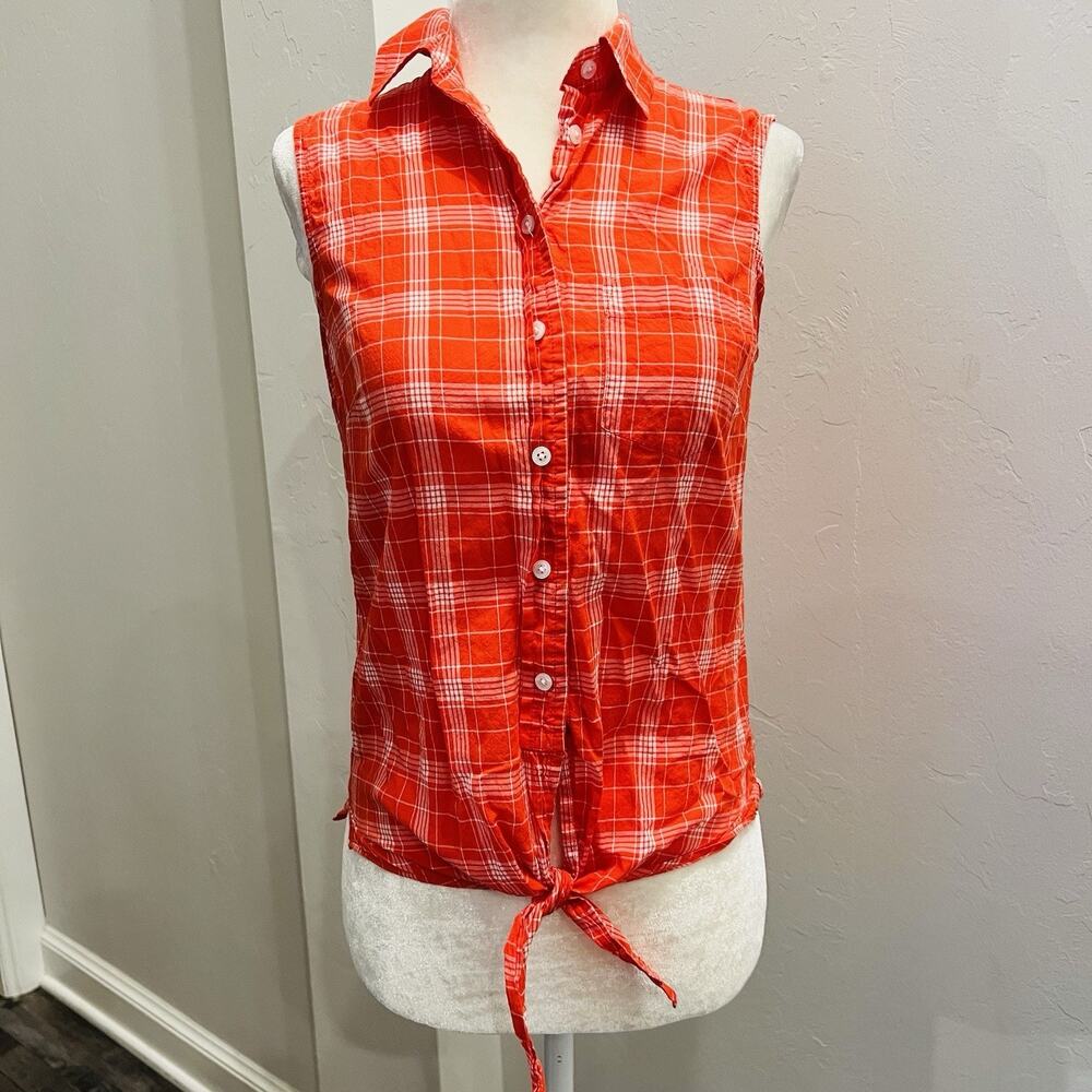 J Crew Women’s OrangeWhite Plaid Button Down Tank Top XS (A0127)